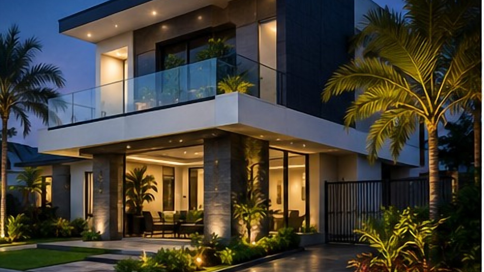 Modern Greenfield Fortress estate house at dusk