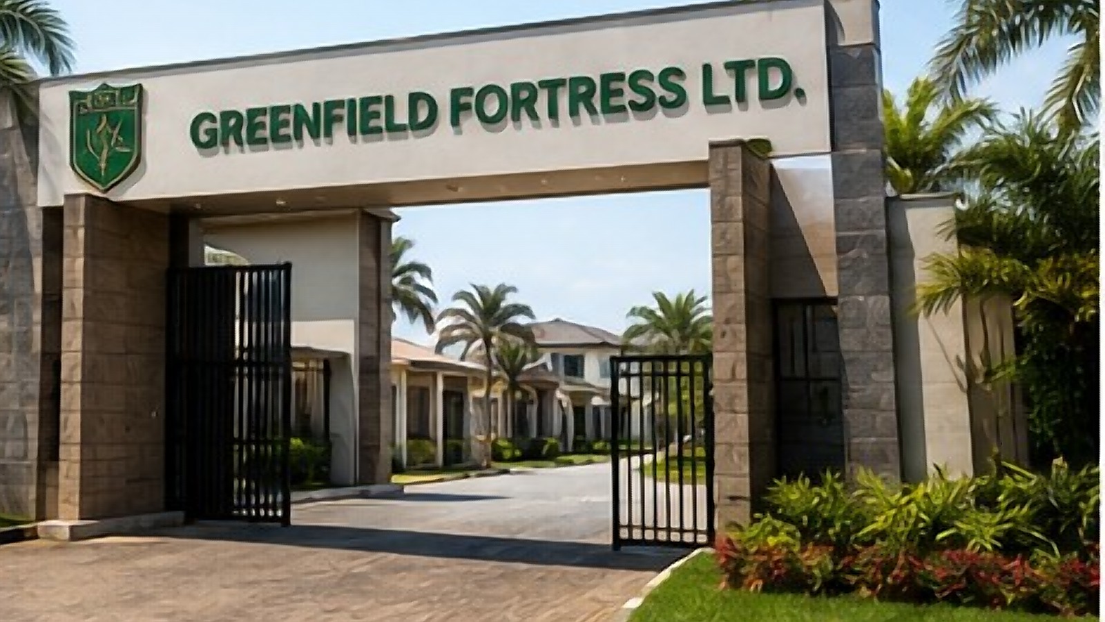 Gated estate entrance with palm-lined road